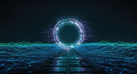 Futuristic portal through a digital landscape.  A glowing circular portal, turquoise and violet hues, transcends a network of interconnected lines on a dark surface