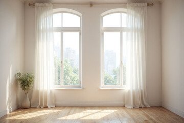 empty room with a large window and a white curtain