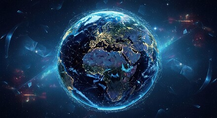 Obraz premium Earth globe surrounded by blue energy or light in a dark space.