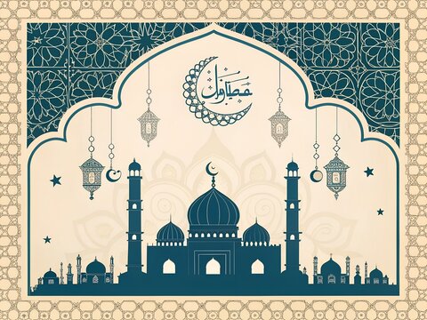 Blue Mosque Silhouette with Hanging Lanterns &ndash; Eid al Adha Design