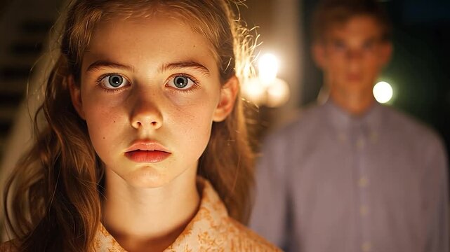 Young girl with apprehensive expression, another person blurred in background, indoor setting, warm lighting, suspenseful mood
