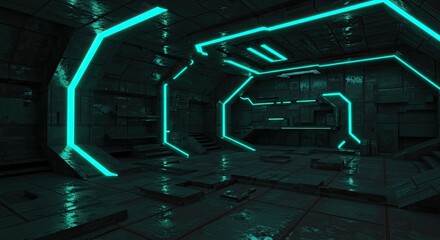 Futuristic, dark interior with teal accents.  A spacious, metallic corridor or tunnel, highlighted by glowing teal lights, creating an otherworldly, sci-fi feel