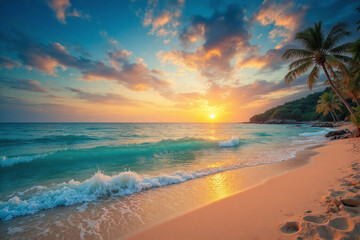 beach with palm trees and the ocean at sunset