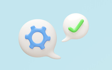 3D checkmarks and gear with chat bubble. Ideal for confirmation, technology, communication concept.Simple, clean, modern design. tick marks and cogwheel. Represents approval, industry and engineering.