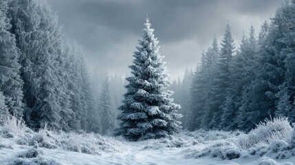 Winter landscape shows a snow covered forest with a frosted pine tree and a path leading through the serene scene