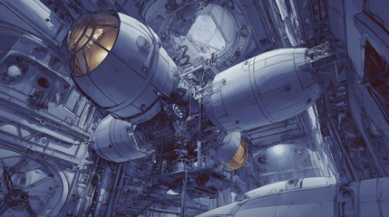 illustration for aerospace magazine | engineering the unknown | quiet determination | retro console tones | cutaway diagrams | orbital stations | metallic surface glow | instrumental detail rendering