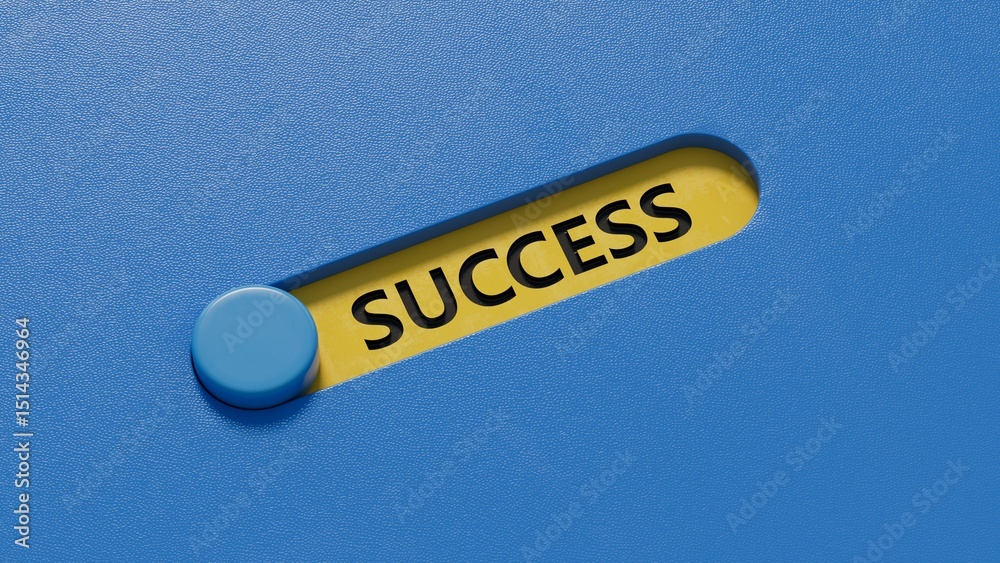 Aufkleber success.slide switch spelling.flat lay view from above on blue background with slide switch buttons.