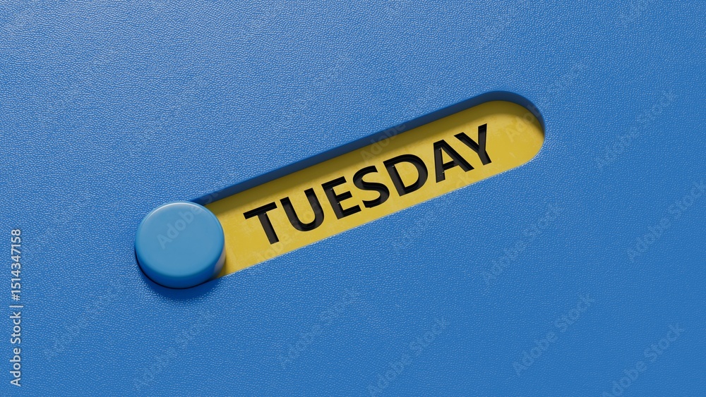 Poster Tuesday.slide switch spelling.Flat lay view with slide switch buttons.IT technology concept.3D rendering on blue background.
