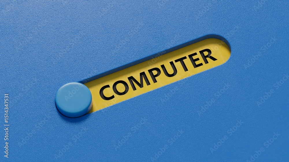 Poster computer.slide switch spelling.flat lay view from above on slide switch buttons.it technology concep