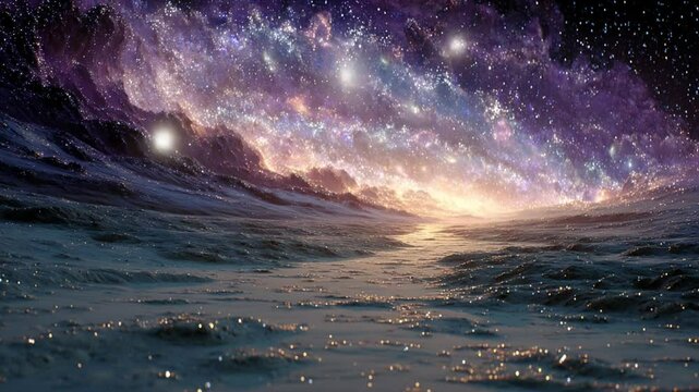 Mystical Starry Sky over a Fantasy Landscape, a Cosmic Journey into Another World