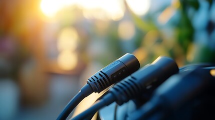 Charging Cables Connected Against Blurred Background at Sunset