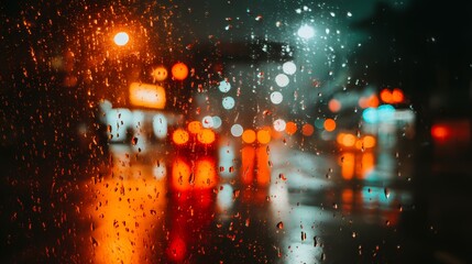 Raindrops on Glass with Blurred City Lights at Night