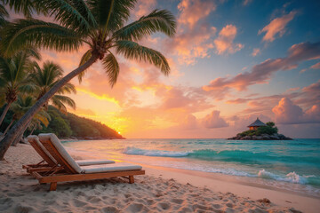 couple of lounge chairs sitting on top of a sandy beach1