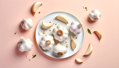Top view of garlic on a white plate and background. Healthy ingredients garlic.