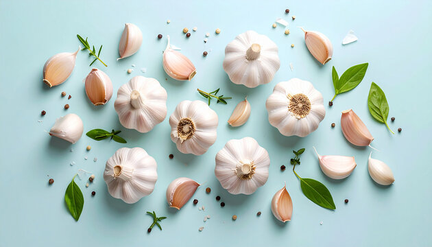 Top view of garlic on a skyblue background. Healthy ingredients garlic.