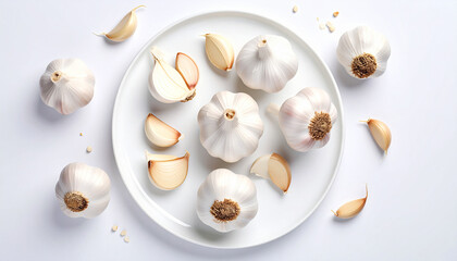 Naklejka premium Top view of garlic on a white plate and background. Healthy ingredients garlic.
