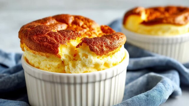 Fluffy baked cheese souffle dessert in white ceramic ramekin with golden brown top and soft texture