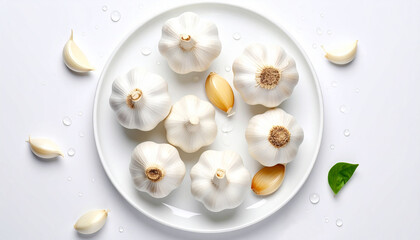 Top view of garlic on a white plate and background. Healthy ingredients garlic.