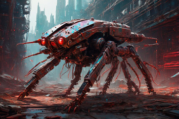 Futuristic Spider Robot in a Sci-Fi Cityscape. Generative AI.
