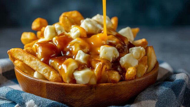 Poutine with cheese curd and gravy poured over french fries in wooden bowl comfort food