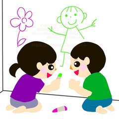 弟（妹）と協力して壁に絵を描く兄姉