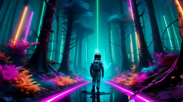 Astronaut exploring neon fluorescent forest path