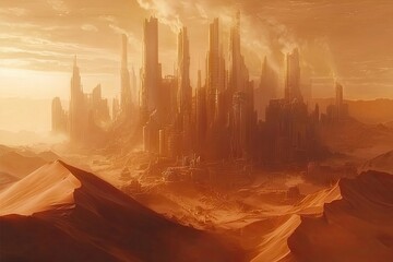 A ruined futuristic city amidst a desert landscape.