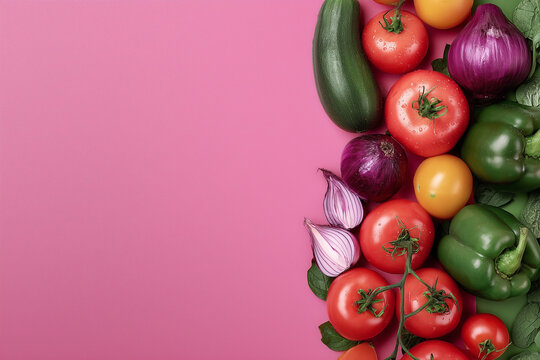 A colorful assortment of vegetables including tomatoes, peppers, and onions are arranged on a pink background. Concept of freshness and abundance