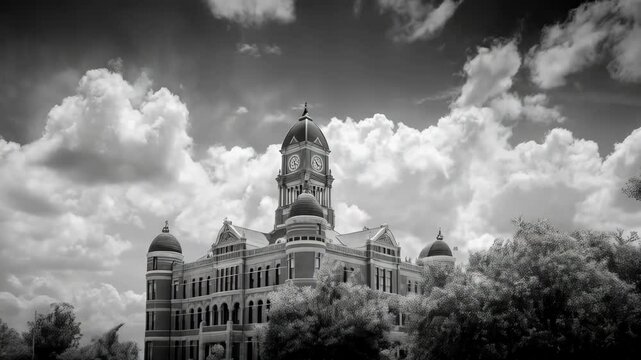 Dramatic monochrome view of an imposing courthouse building with clocks on its tower against a bright cloudy sky framed by lush trees