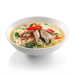 a delicious portion of chicken noodles isolated on white background with no shadow and enhanced by clean high resolution photography