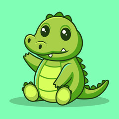 Fototapeta premium Cute Baby Crocodile Cartoon Character Sitting and Waving on Green Background