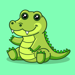 Naklejka premium Cute Baby Crocodile Cartoon Character Sitting and Waving on Green Background