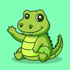 Fototapeta premium Cute Baby Crocodile Cartoon Character Sitting and Waving on Green Background