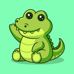 Naklejka premium Cute Baby Crocodile Cartoon Character Sitting and Waving on Green Background