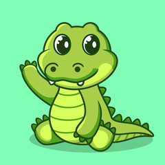 Obraz premium Cute Baby Crocodile Cartoon Character Sitting and Waving on Green Background