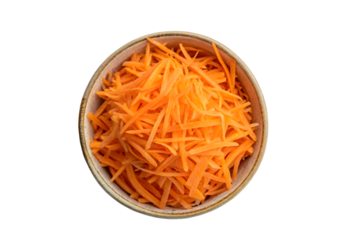 Shredded carrot in bowl isolated on transparent background, julienned vegetable