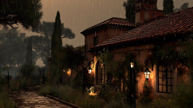 Serene Rainy Evening at a Cozy Rustic House in a Lush Garden