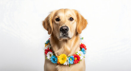 Golden Retriever Adorned: A golden retriever, radiating warmth and charm, poses gracefully adorned with a vibrant lei, creating a delightful display of canine beauty.