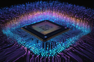 Futuristic Microchip Amidst Glowing Circuitry Network. Generative AI.