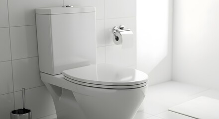 Clean white toilet bowl with tissue paper in modern bathroom interior