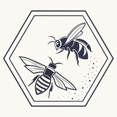 Two bees inside a hexagon frame with dotted trail design