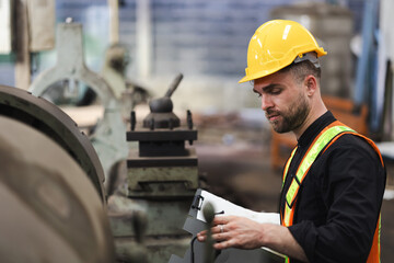 Portrait engineering man : Manufacture technical and factory caucasian staff standing at industry factory. Professional Mechanical Engineer