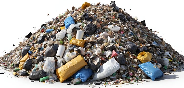 A vast, overwhelming mountain of mixed garbage and waste rises against a white backdrop, chaotic.