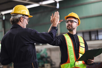 Two engineering man : Manufacture technical and factory staff working while Using digital tablet computer at industry factory