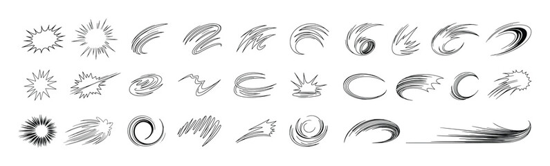Comic speed lines, motion lines, dynamic effect, manga action elements, swoosh, burst, swirl, impact stroke, motion streaks, anime style, expressive sketch curve 