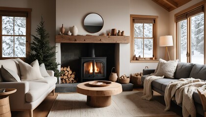 Warm, inviting living room features a cozy fireplace, comfortable couch, and wooden accents around.