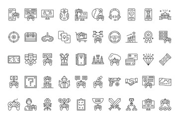 Collection of 40 video gamerelated line icons arranged in rows