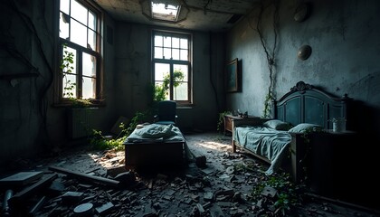 Interior of a decaying room showing nature reclaiming, a surreal blend of ruin and resilience