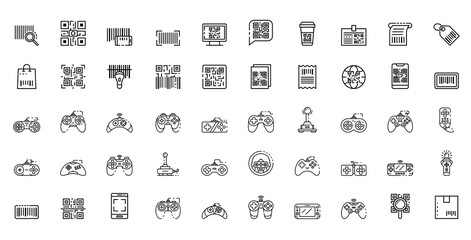 Fortyeight line art icons depict barcodes QR codes and various gaming controllers arranged in rows