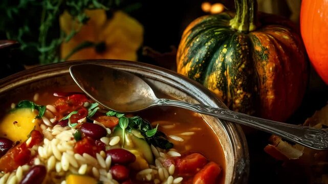 Rustic bowl of autumn vegetable soup with orzo pasta, beans, and pumpkins on a wooden surface with a spoon